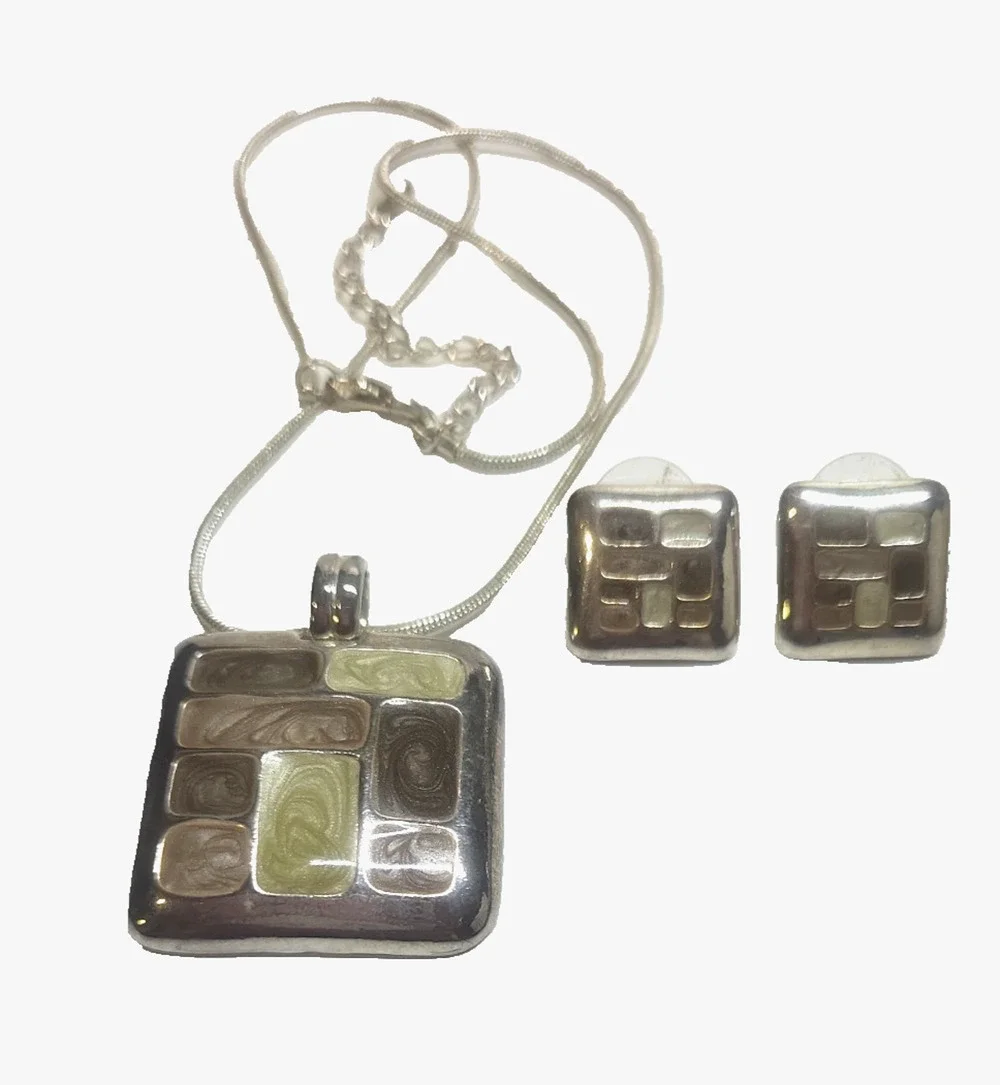 VTG Kenneth Cole Silver Pastel Enamel Jewelry Set Necklace Pendant Earrings